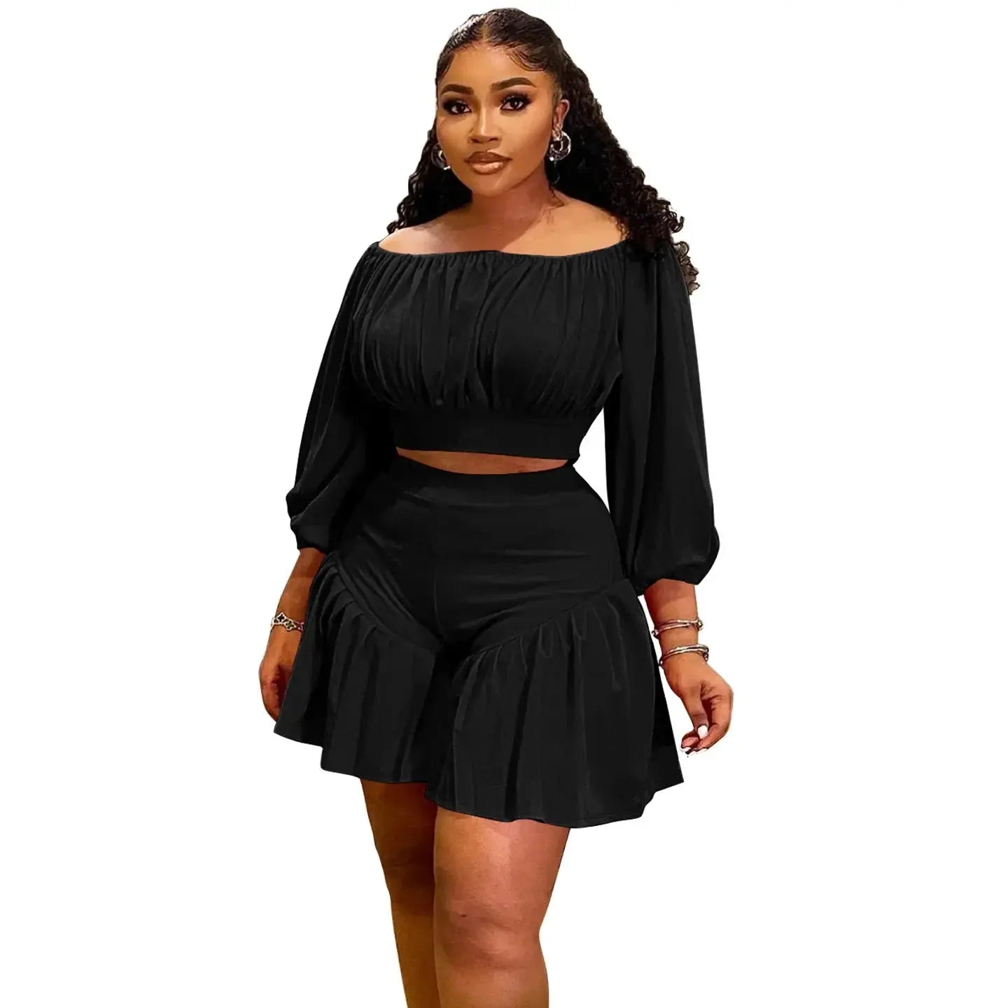 CM.YAYA Plus Size Women's Set Long Sleeve Slash Neck T-Shirt and Shorts 2025 Summer Ruched Two 2 Piece Set Outfits Tracksuit - Lady T Fashions
