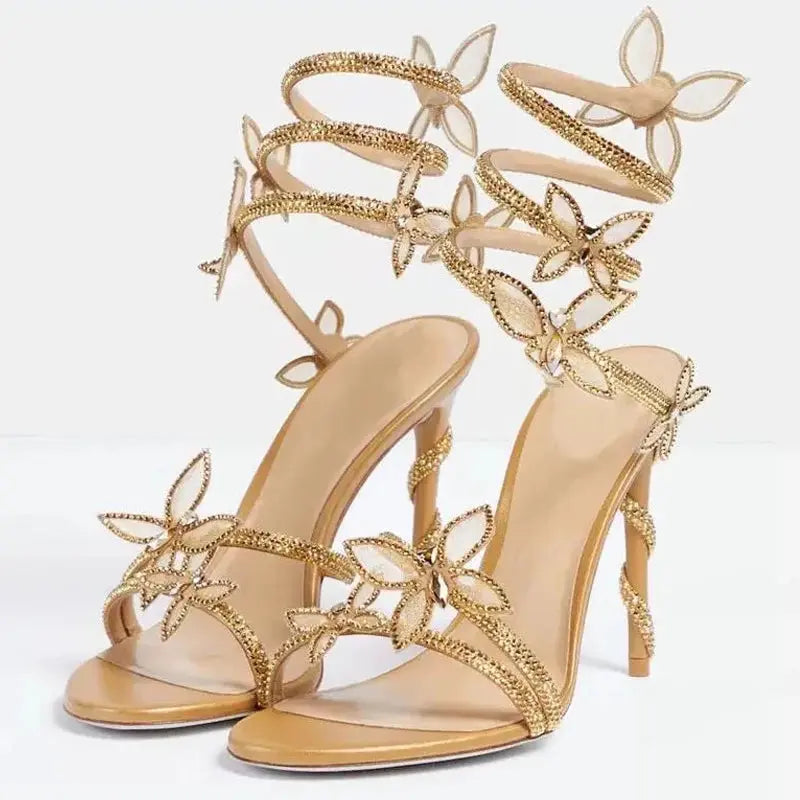 Eilyken Street Style CRYSTAL Flower Thin Heels Women Sandals Sexy Narrow Band Ankle Strap Ladies Shoes Zapatos De Mujer - Lady T Fashions