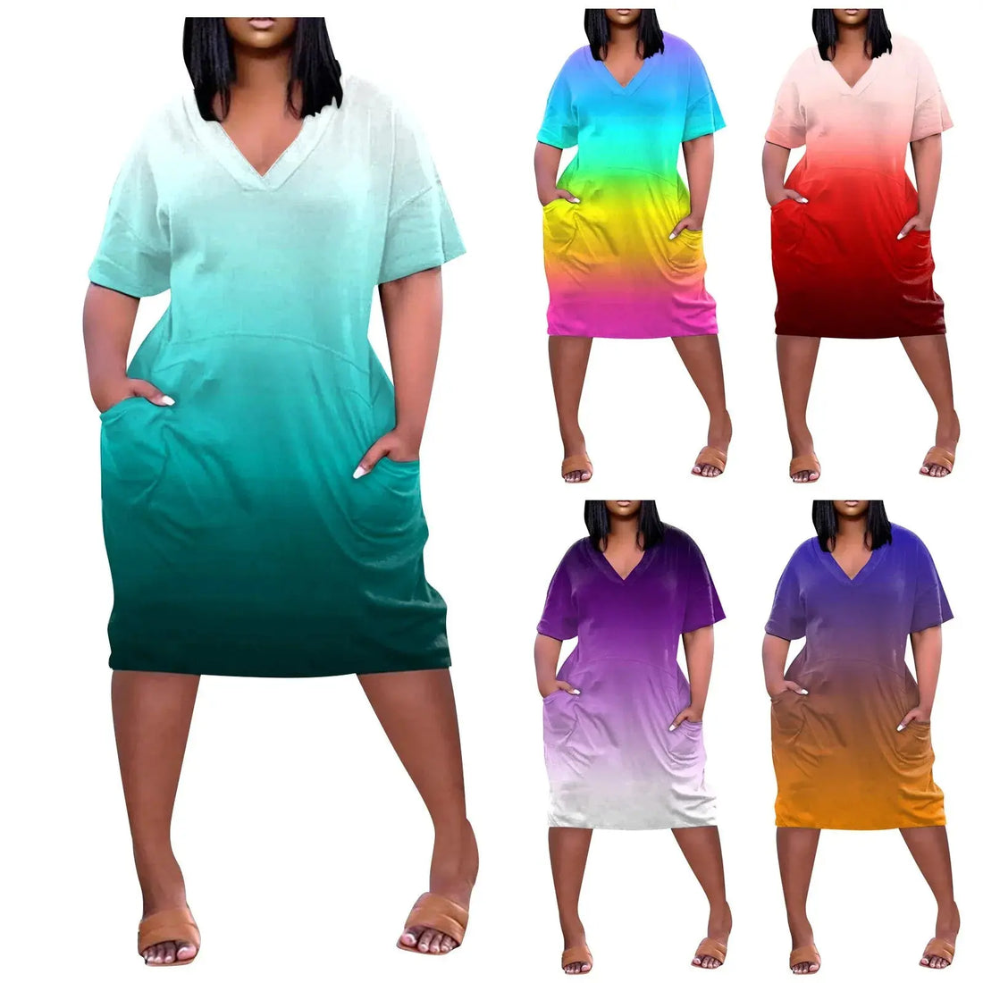 y2k 2025 Summer V Neck Short Sleeve Dress Knee Pocket Casual Daily Dress Harajuku Style Women's Clothing  Plus Size L-5XL - Lady T Fashions