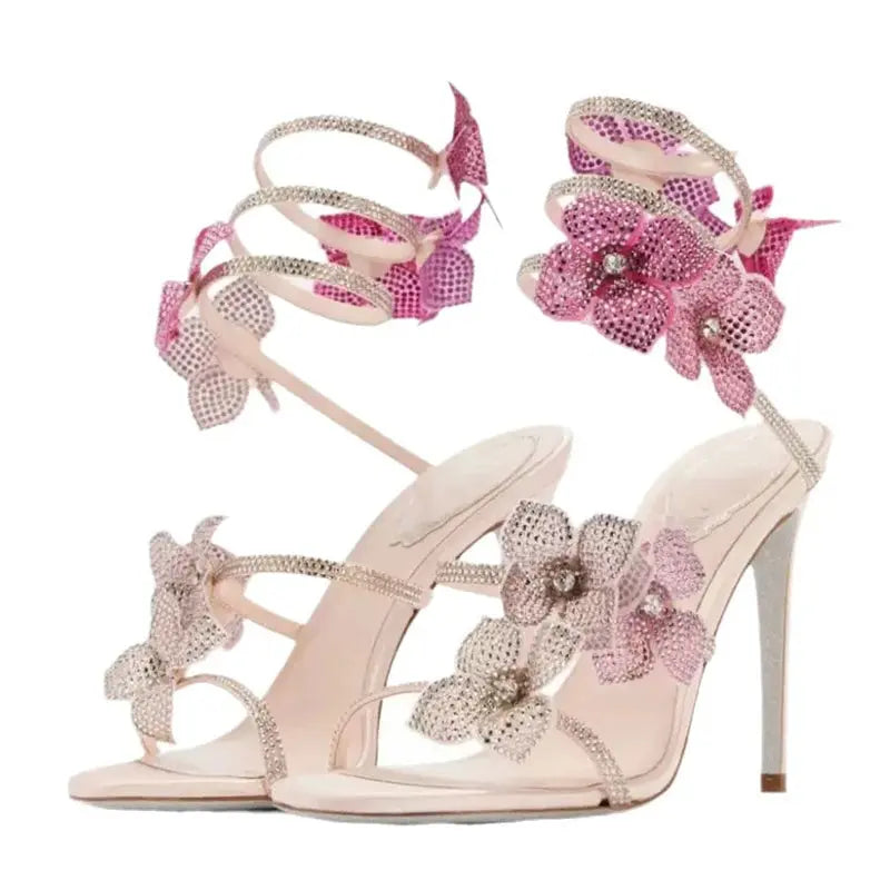 Eilyken Street Style CRYSTAL Flower Thin Heels Women Sandals Sexy Narrow Band Ankle Strap Ladies Shoes Zapatos De Mujer - Lady T Fashions