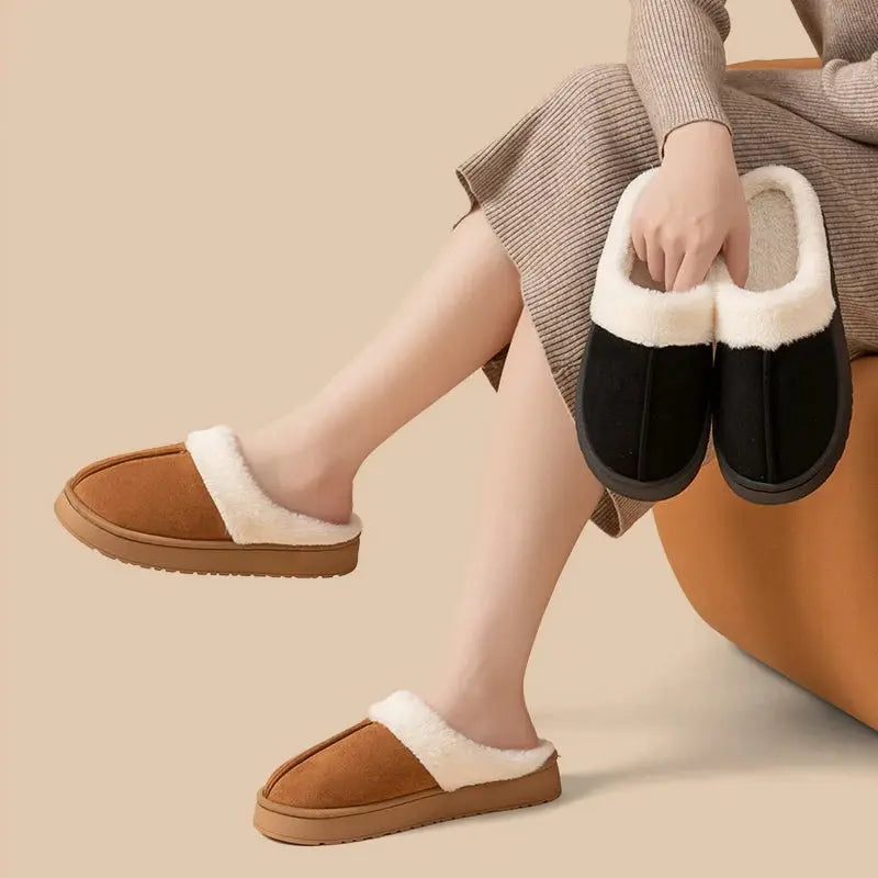 Winter Warm Flat Fur Slippers Women Faux Suede Fluffy Furry Home Slides Couples Comfort Non Slip Indoor Floor Cotton Shoes - Lady T Fashions