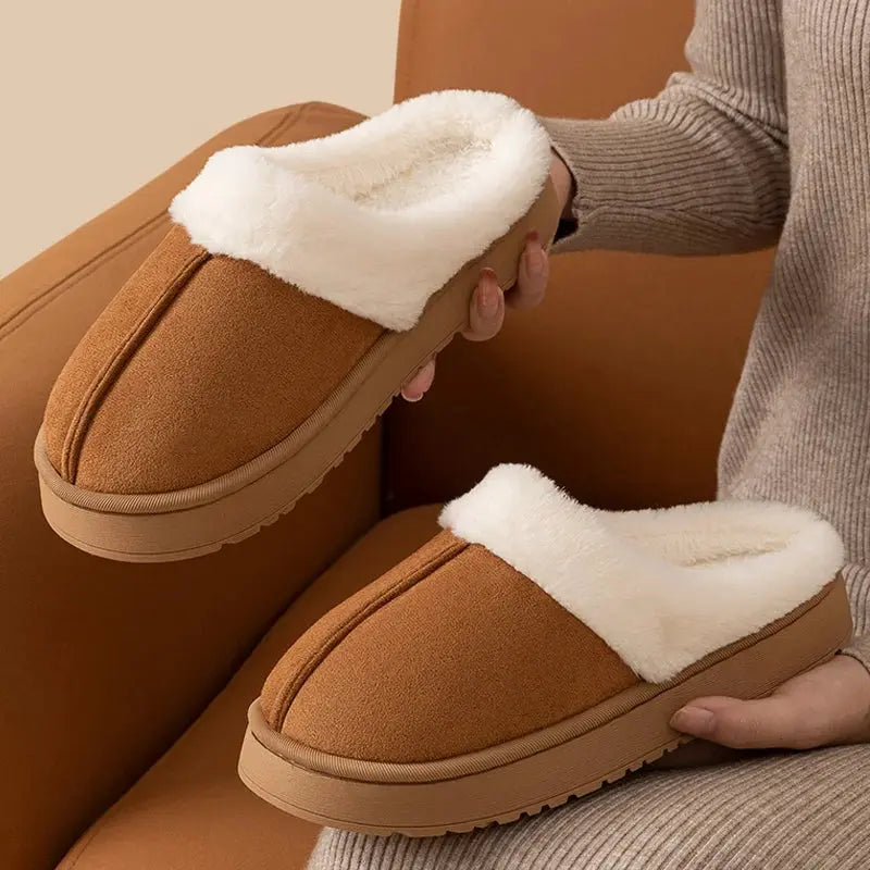 Winter Warm Flat Fur Slippers Women Faux Suede Fluffy Furry Home Slides Couples Comfort Non Slip Indoor Floor Cotton Shoes - Lady T Fashions