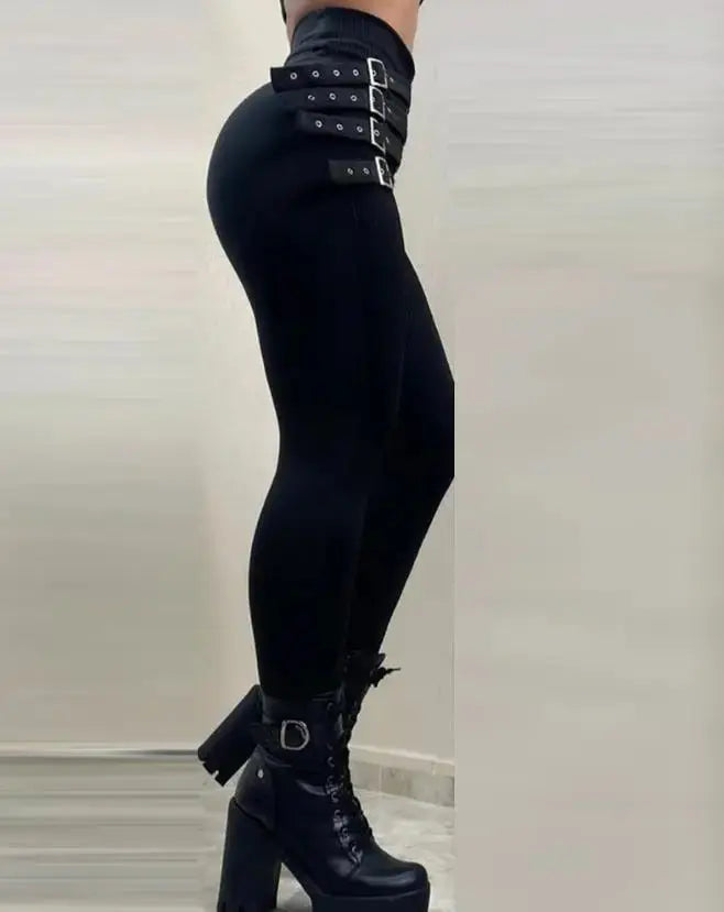 New Fashion Elegant Women's High Waist Buckled Skinny Pants Casual Trouser Bottom Female Clothing Outfits for Women - Lady T Fashions