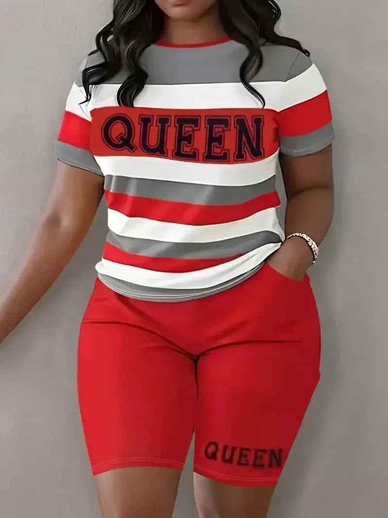 Plus Size Summer Outfits Biker Shorts Set Crew Neck Short Sleeve Positioning Printing Queen Plus Size 2 Piece Set Women - Lady T Fashions