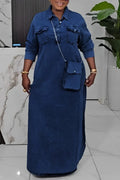 Plus Size Dresses Daily Light Blue Shirt Collar Long Sleeve Button Pocket Tencel Denim Maxi Dresses 2025 Women - Lady T Fashions