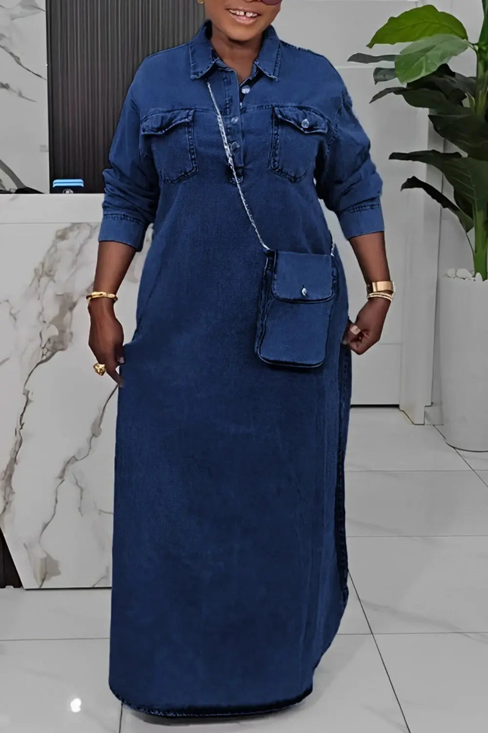 Plus Size Dresses Daily Light Blue Shirt Collar Long Sleeve Button Pocket Tencel Denim Maxi Dresses 2025 Women - Lady T Fashions