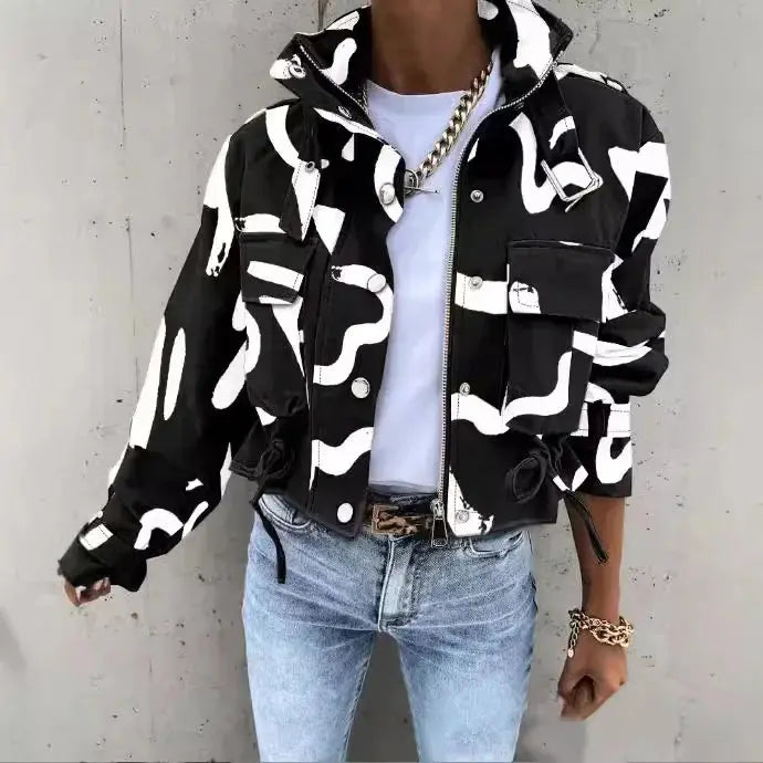 Jackets Women Coats Stand Collar Coat Zipper Print Y2k Tops Streetwear Casual Outerwear Single Breasted Spring Work Jacket - Lady T Fashions
