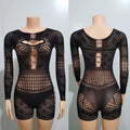 Women's Sexy Long Sleeve Jumpsuit See Through Outfit Sheer Mesh Hollow Out Night Club Short Romper - Lady T Fashions
