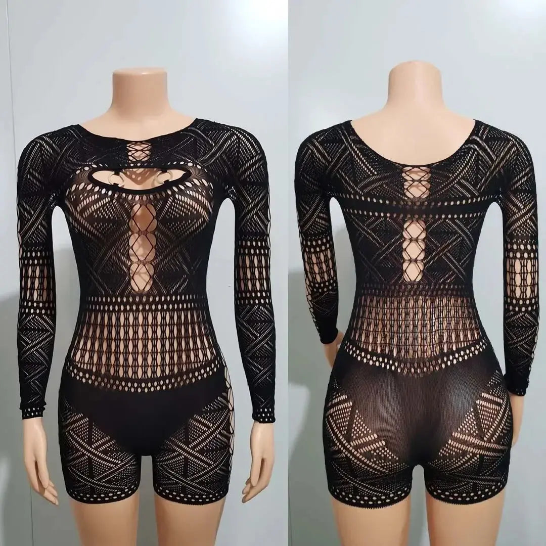 Women's Sexy Long Sleeve Jumpsuit See Through Outfit Sheer Mesh Hollow Out Night Club Short Romper - Lady T Fashions
