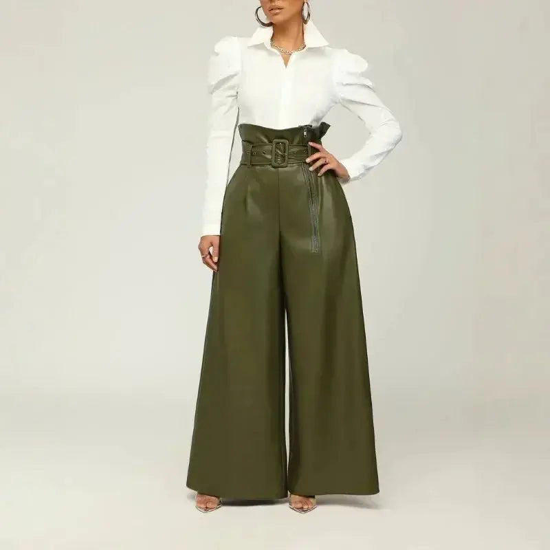 Women's Pants Wholesale Items High Waist Pu Leather Black Wide Leg Pants for Women Casual Fashion Loose Streetwear Trouser Femme Lady T Fashions