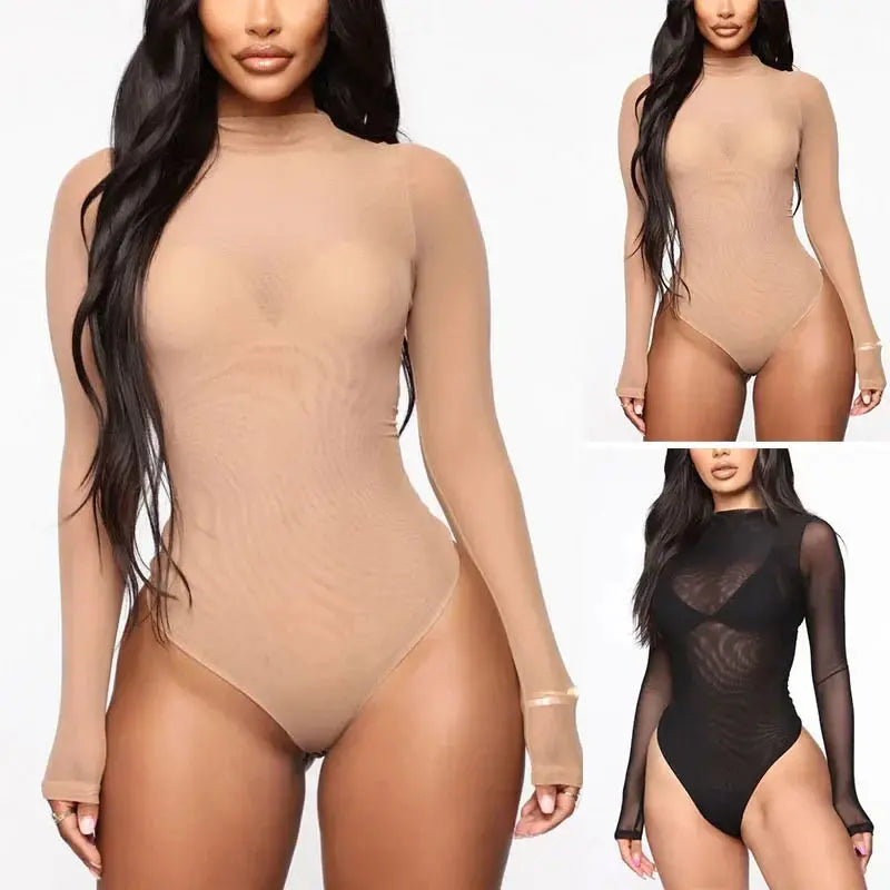 Fashion Ladies Sheer Transparent Bodysuit For Women Summer Solid Color Long Sleeve Jumpsuits Bodysuits Female Clothing - Lady T Fashions