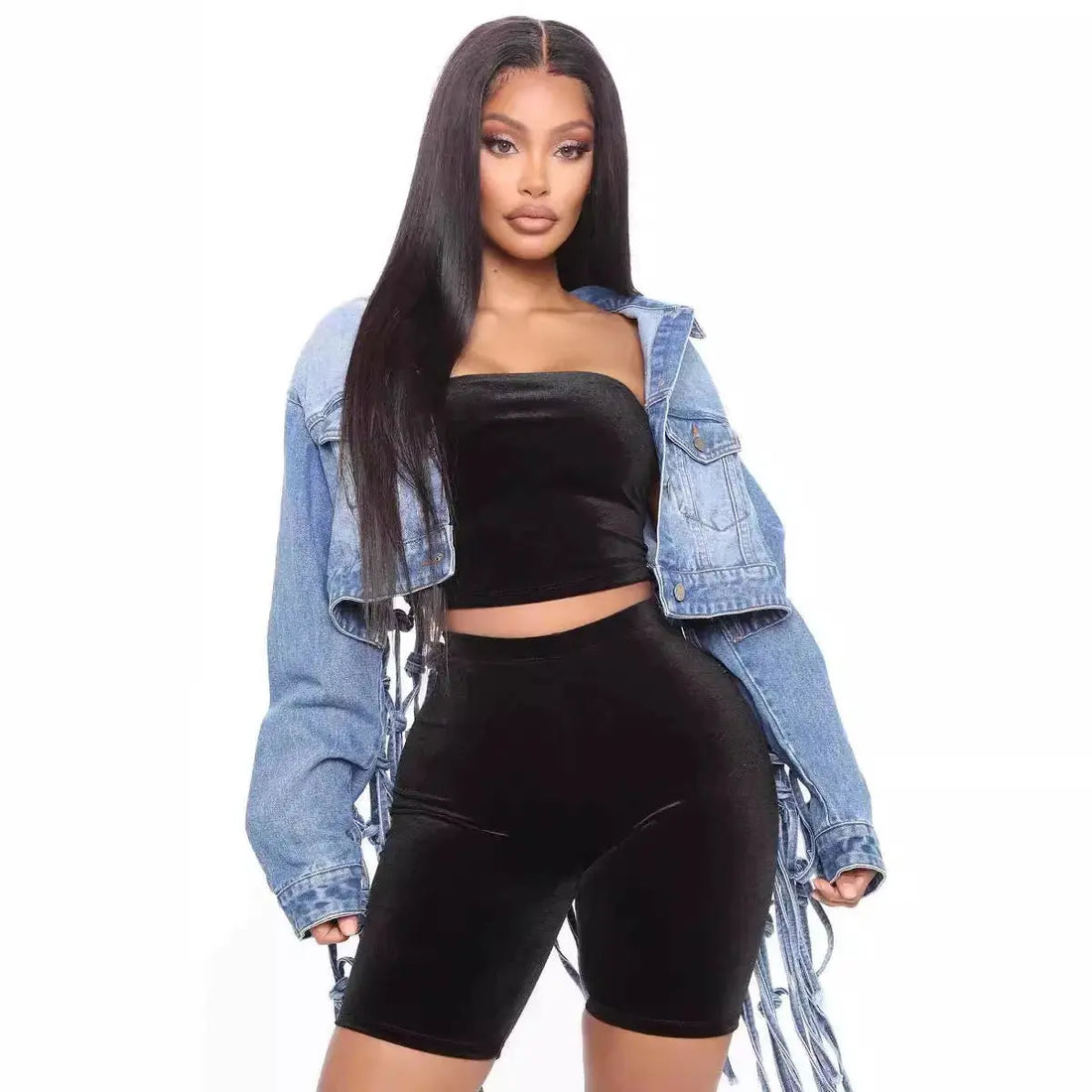 Women Denim Jacket Back Grid Fringe Design Denim Jacket Ladies Spring and Fall Fashion Short Personalized Jacket Coat 2024 New - Lady T Fashions