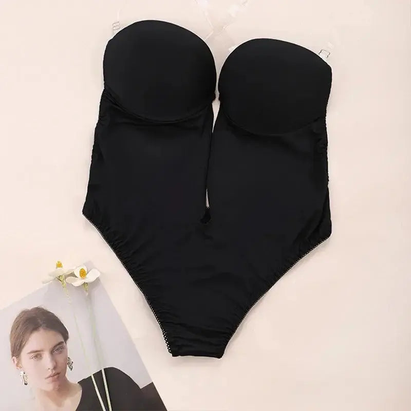 Women Shapers Underwear Backless Bodysuit Shapewear Deep V-Neck Body U Plunge Clear Strap Thong Shaper Padded Push Up Corsets - Lady T Fashions