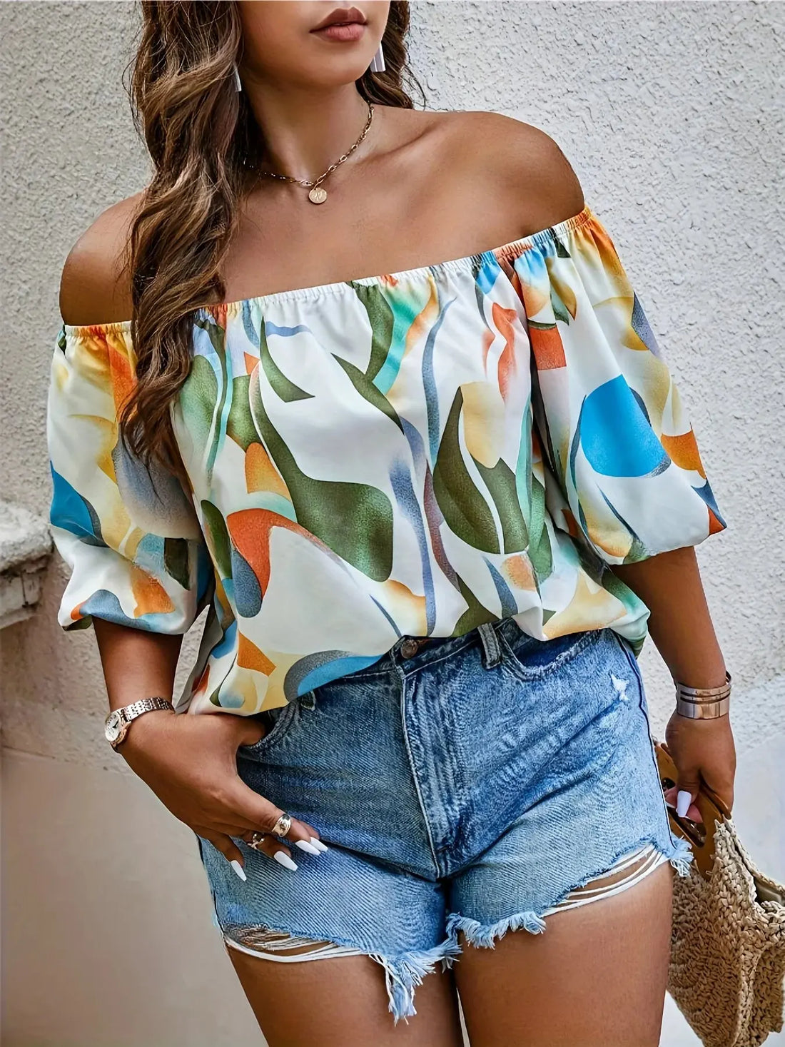 Plus Size Summer Women Elegant Shirt Casual Fashion Off the Shoulder Print Tops Vacation Loose Female Clothing - Lady T Fashions