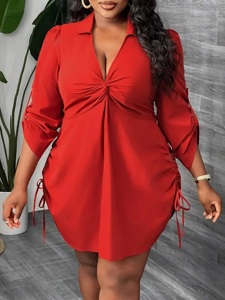 Plus Size Women's Elegant Long Sleeve Shirt Dress for Work, Party and Dating Twisted Front Waist Drawstring, Spring and Autumn - Lady T Fashions