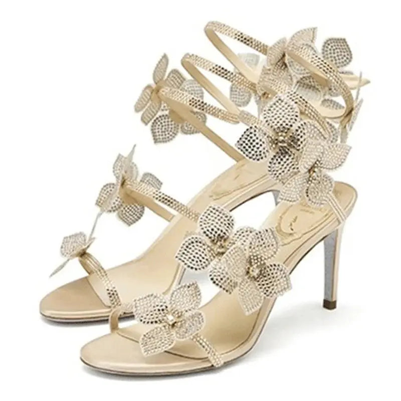 Eilyken Street Style CRYSTAL Flower Thin Heels Women Sandals Sexy Narrow Band Ankle Strap Ladies Shoes Zapatos De Mujer - Lady T Fashions