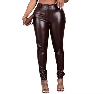 CM.YAYA Fall Winter Faux PU Leather Women Pencil Pants Skinny Bodycon High Waist Zipper Fly Trouser - Lady T Fashions