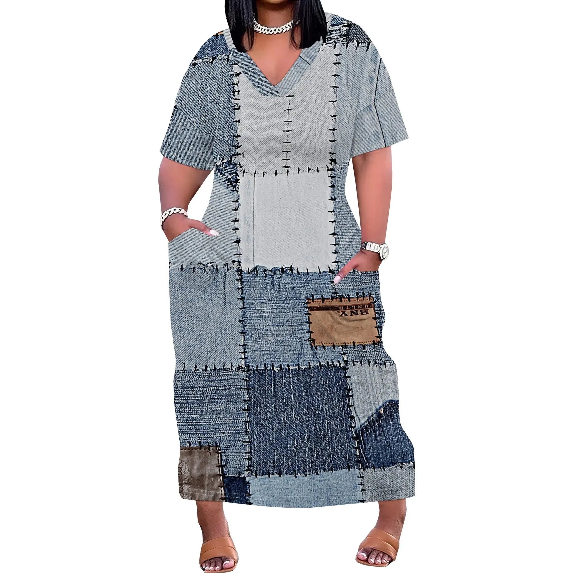 Patchwork Denim Print Casual Plus Size Maxi Dress - Lady T Fashions