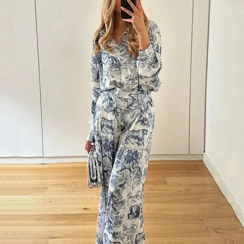 European American Women's Clothing Set Fashionable Printed Collared Shirt Laid-back Style Spring Summer Fashion Set for Women - Lady T Fashions