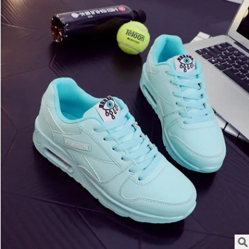 Women Fashion Sneakers Air Cushion Sports Shoes Pu Leather Blue Shoes White Pink Outdoor Walking Jogging Shoes Female Trainers - Lady T Fashions