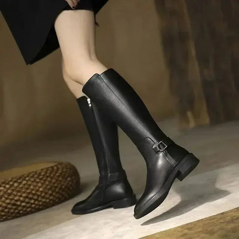 2024 New Female Winter Leather Long Boots Trend Spring Autumn Knee High Boot Women Comfortable Low Heels Black Luxury Shoes Lady T Fashions