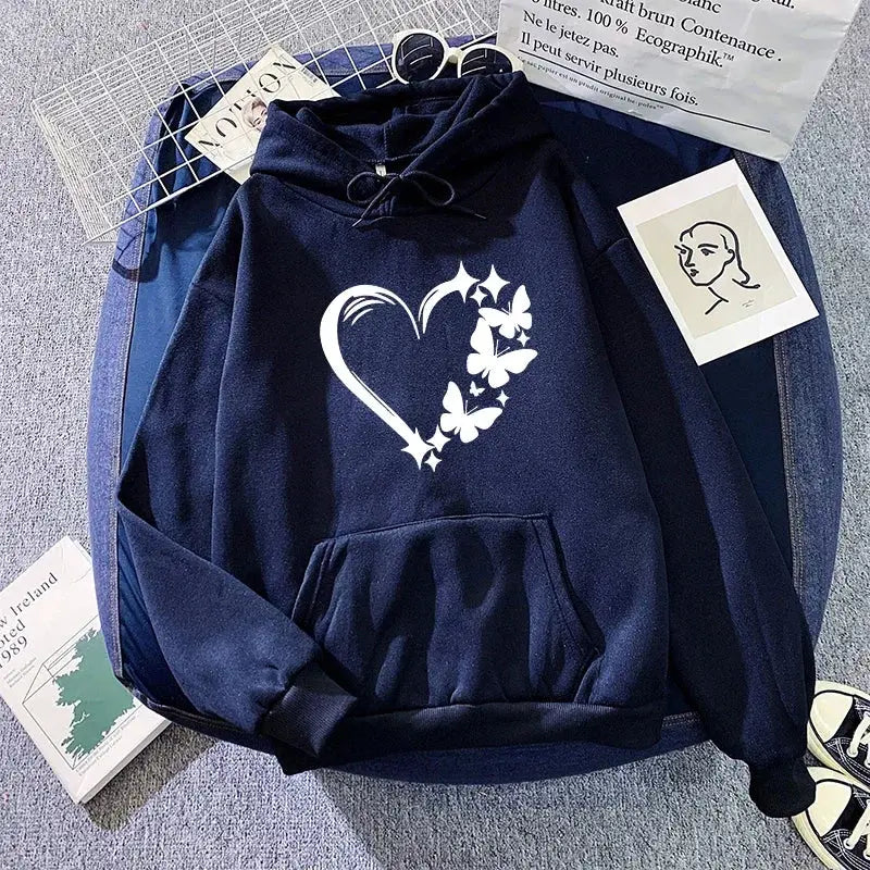 Heart Printed Hoodies for Woman Autumn Winter Daily Casual Sporty Hooded Sweatshirts Female Home Outdoor Comfort Loose Pullover - Lady T Fashions