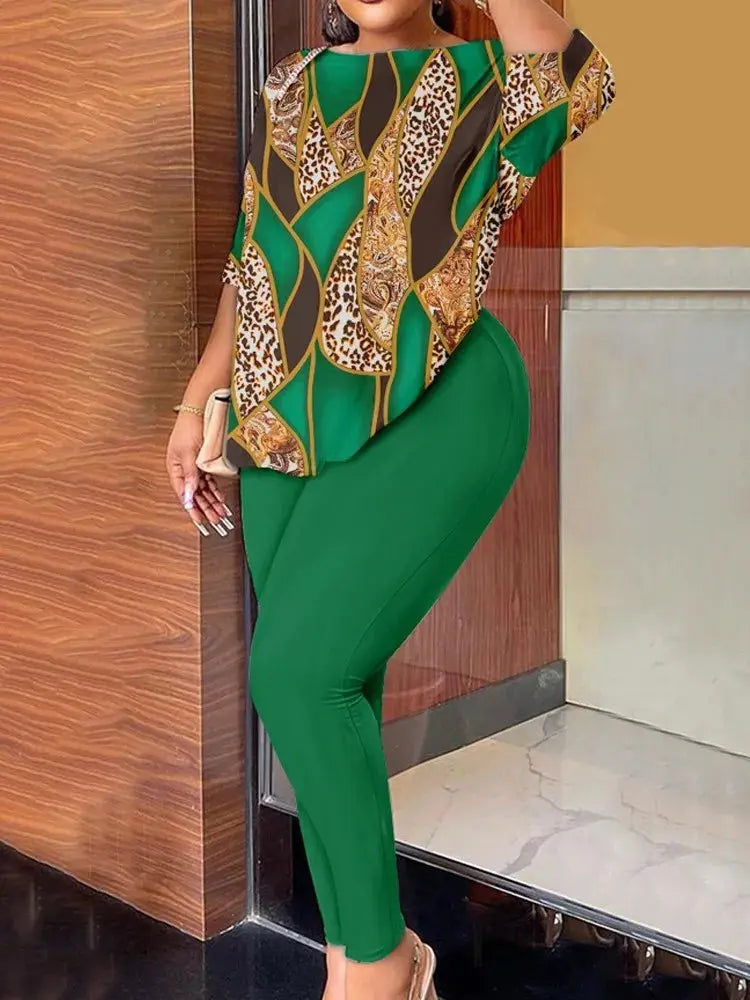 Autumn Women's Clothing New Fashion Print Sexy Backless Round Neck Five Quarter Sleeve Pants Two-piece Casual Comfortable Set - Lady T Fashions