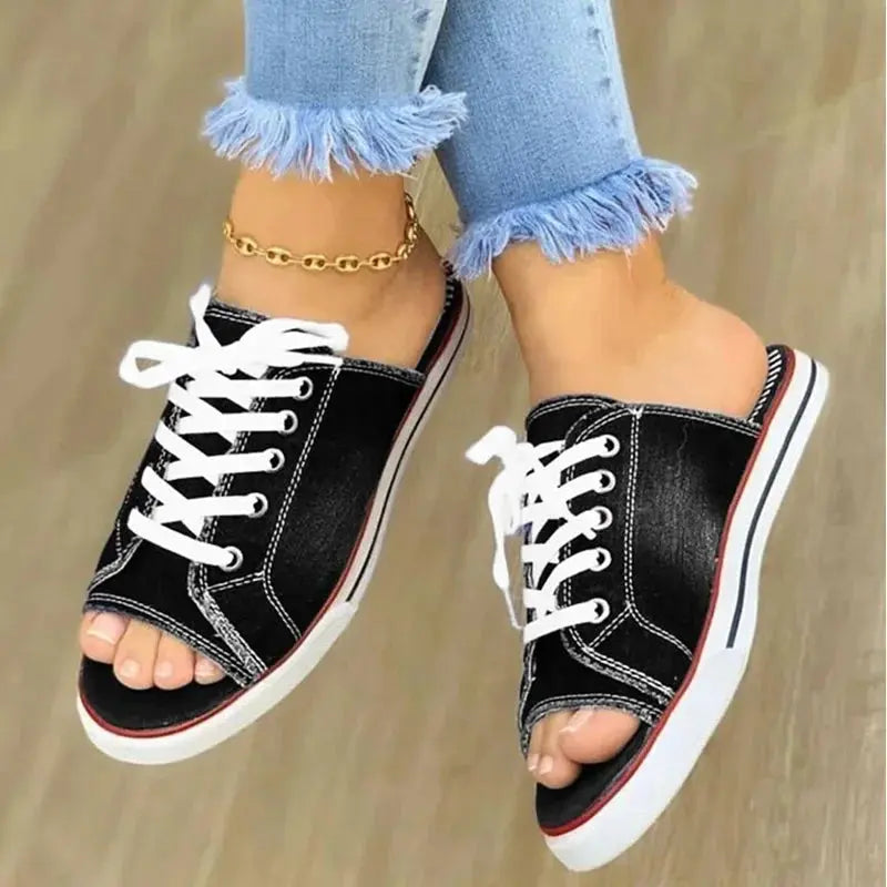 Women Canvas Flat Slipper Lace Up Peep Toe Casual Shoe Female Fashion Denim Beach Shoes - Lady T Fashions