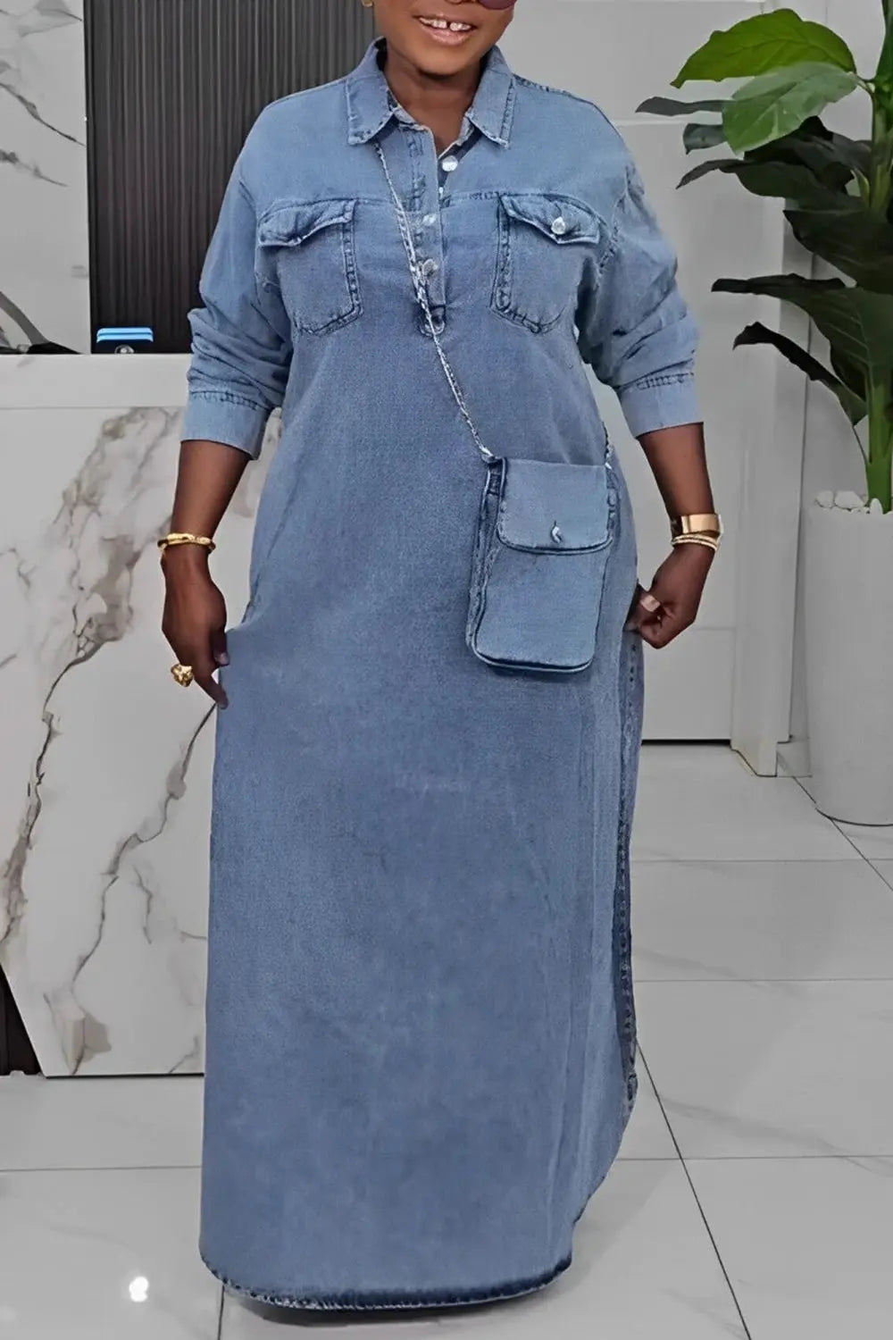 Plus Size Dresses Daily Light Blue Shirt Collar Long Sleeve Button Pocket Tencel Denim Maxi Dresses 2025 Women - Lady T Fashions