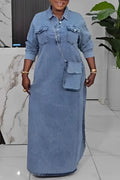 Plus Size Dresses Daily Light Blue Shirt Collar Long Sleeve Button Pocket Tencel Denim Maxi Dresses 2025 Women - Lady T Fashions