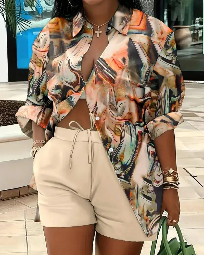Clothes for Women Fashion Women Long Sleeve Printing Two Piece Sets Womens Outifits Top Short Matching Sets S-3XL Women Clothing - Lady T Fashions