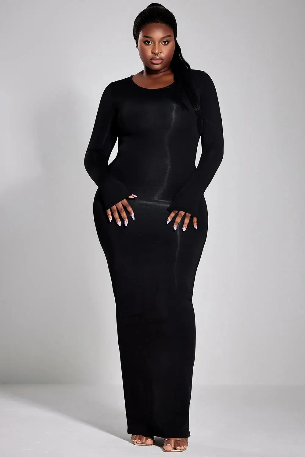 Plus Size Casual Dress Black Round-Neck Long Sleeve Knitted Maxi Dress - Lady T Fashions