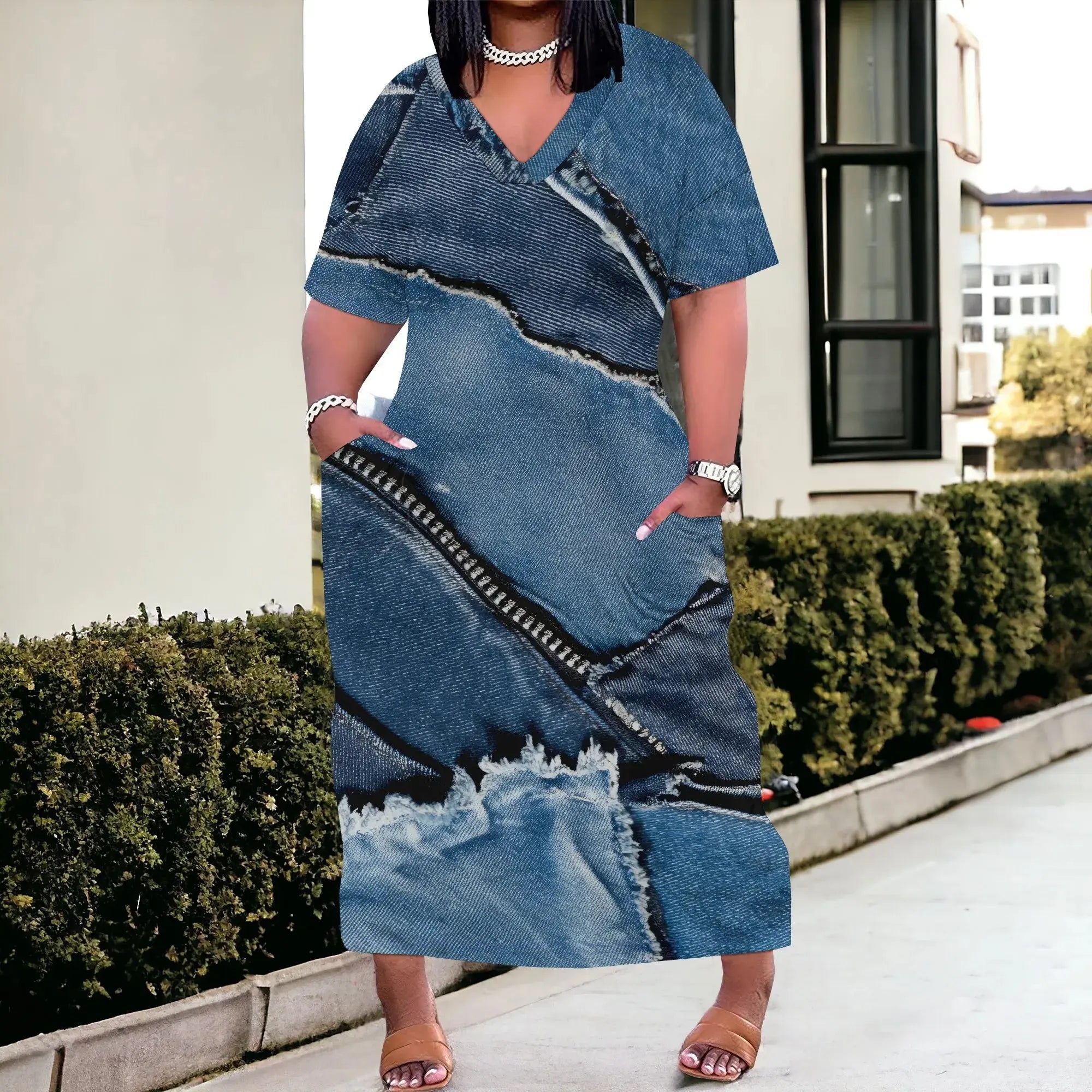 Women's Polyester Denim Style A-Line Midi Dress Light Blue Short Sleeve Casual Work - Lady T Fashions