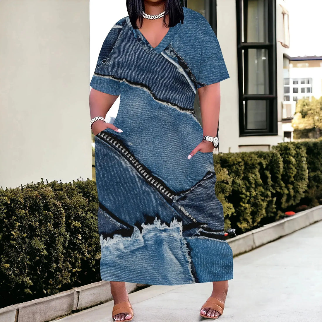 Women's Polyester Denim Style A-Line Midi Dress Light Blue Short Sleeve Casual Work - Lady T Fashions