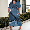 Women's Polyester Denim Style A-Line Midi Dress Light Blue Short Sleeve Casual Work - Lady T Fashions