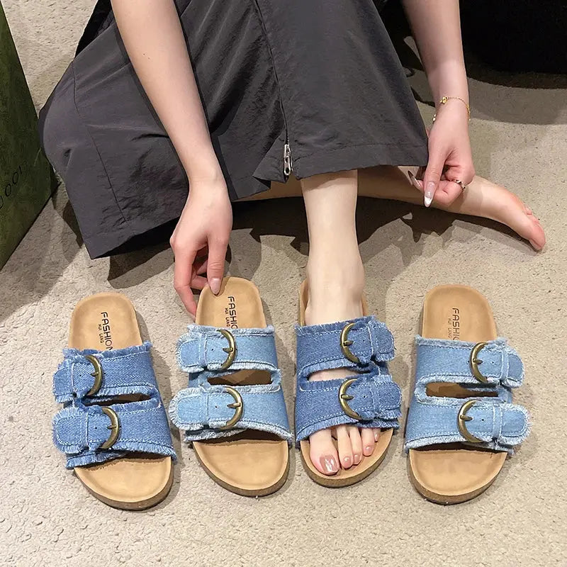 2025 New Summer Beach Cork Slippers Casual Double Buckle Non-slip Clogs Slides Women Slip on Flip Flop Shoe Denim Slipper Female - Lady T Fashions