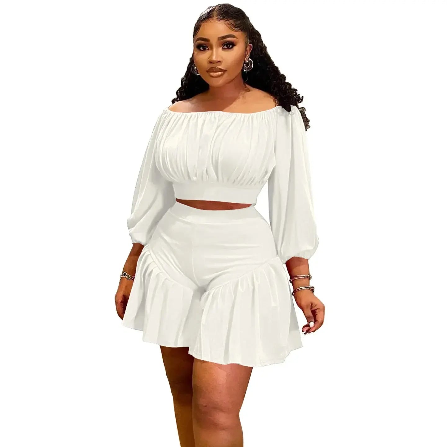 CM.YAYA Plus Size Women's Set Long Sleeve Slash Neck T-Shirt and Shorts 2025 Summer Ruched Two 2 Piece Set Outfits Tracksuit - Lady T Fashions