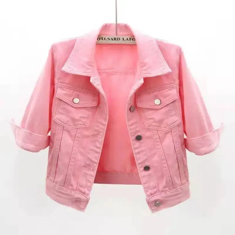 Women Denim Jacket Spring Autumn Short Coat Pink Jean Jackets Casual Tops Purple Yellow Purple Blue Loose Tops Lady Outerwear - Lady T Fashions
