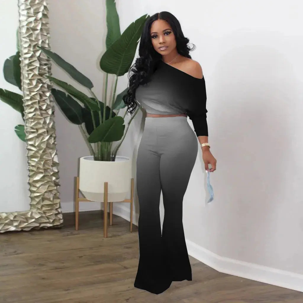 Women's long pants set gradient color solid color sloping shoulder top slim fit flared pants home wear two-piece set plus size - Lady T Fashions