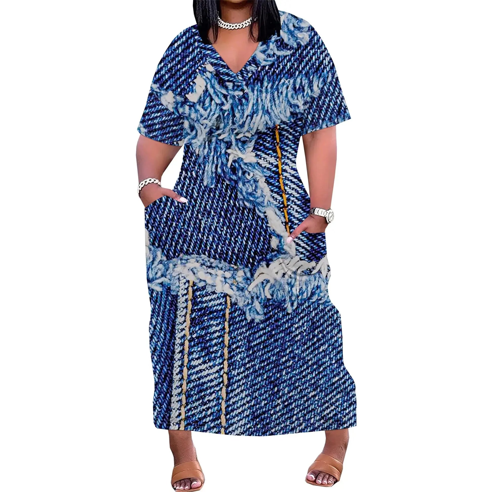 Patchwork Denim Print Casual Plus Size Maxi Dress - Lady T Fashions