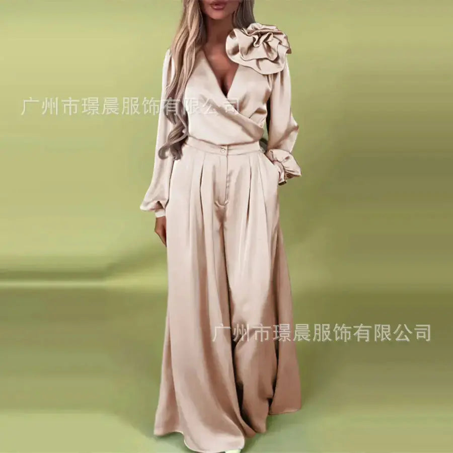 Women Pants Set Elegant 3d Flower Satin Suit For Women V Neck Blouse Wide Leg Casual Loose  Trousers Set Formal Commuting Lady T Fashions