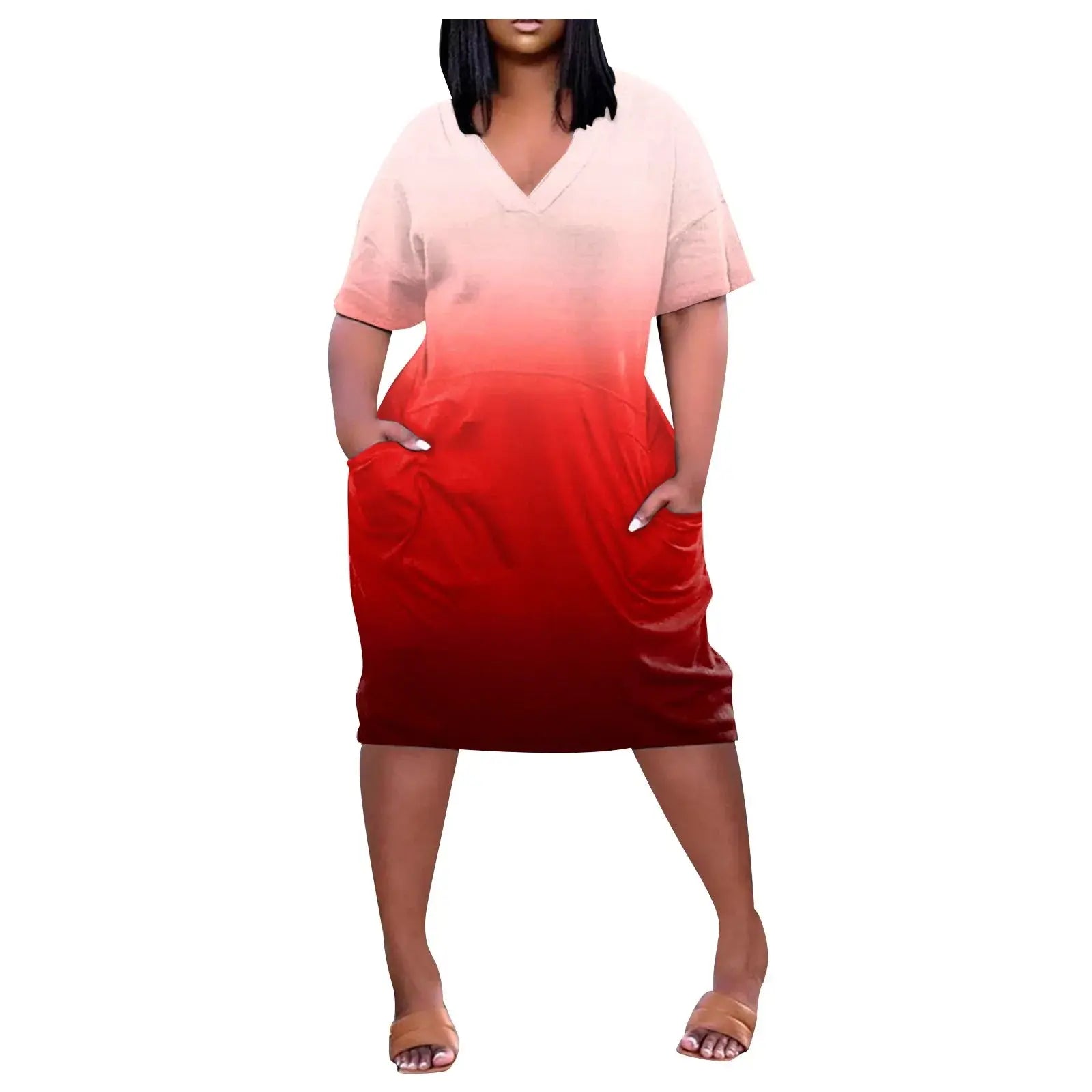 y2k 2025 Summer V Neck Short Sleeve Dress Knee Pocket Casual Daily Dress Harajuku Style Women's Clothing  Plus Size L-5XL - Lady T Fashions