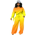 Women's clothing long pants set gradient color trendy long sleeved knotted wide leg pants set autumn and winter styles plus size - Lady T Fashions