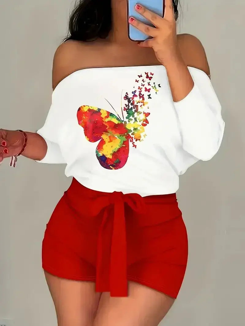 Women's  Plus Size 1XL-5XL Set Outfit Fashion Print Two Piece Ladies Shoulder-Baring T-Shirt & Shorts Butterfly Printed Outfit - Lady T Fashions
