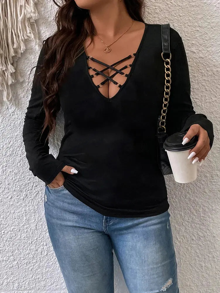 Plus Size Women's Deep V Neck T-Shirt Cross Front Loop Detail One-Piece Shirt Top Polyester Solid Colours - Lady T Fashions