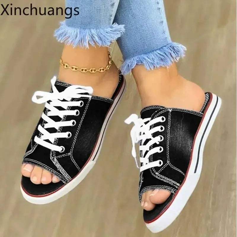 Women Canvas Flat Slipper Lace Up Peep Toe Casual Shoe Female Fashion Denim Beach Shoes - Lady T Fashions