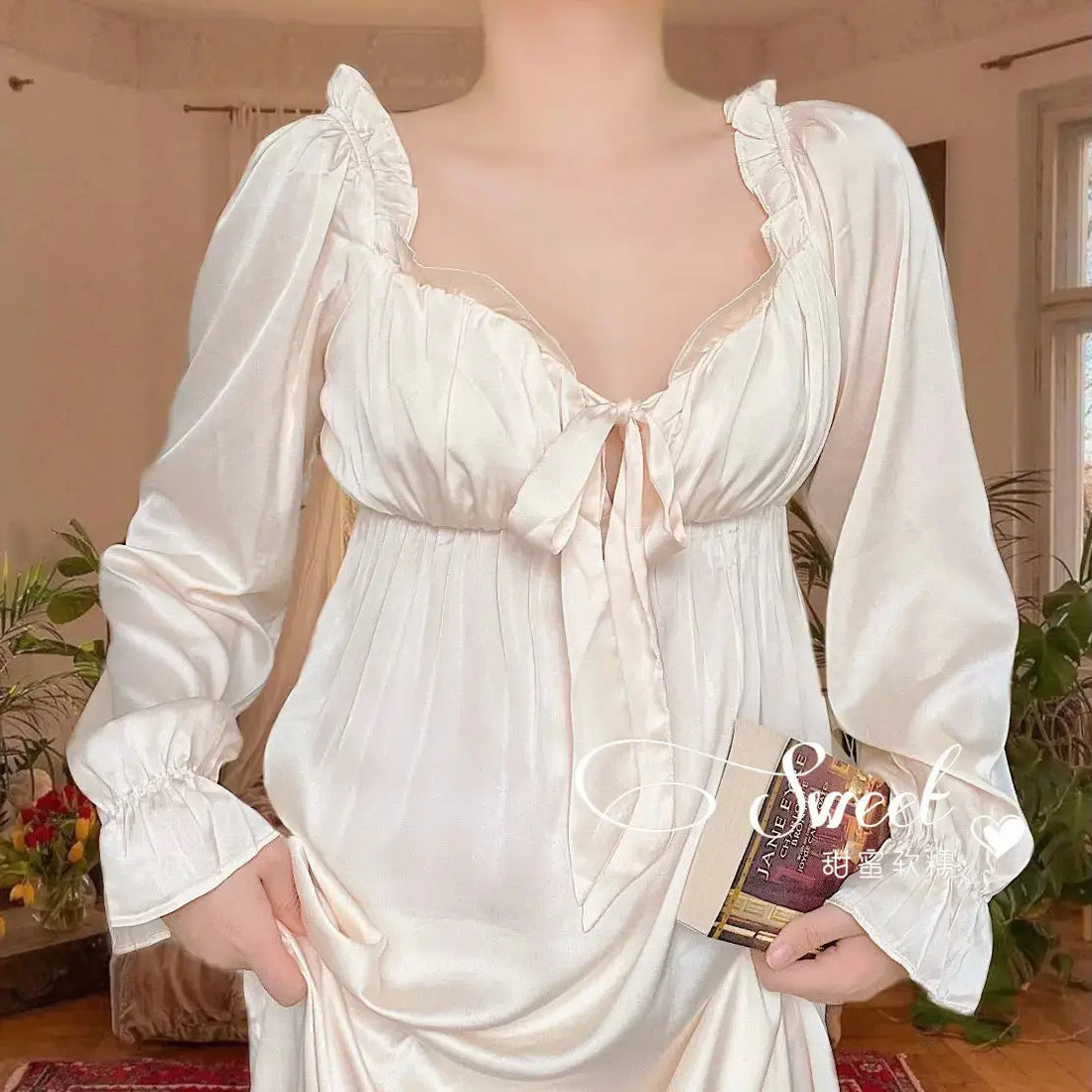 Women's Elegant Nightgown French Style Ladies Summer Long Sleeve Night Dress Bow Sexy Homewear Nightdress For Female S-2XL - Lady T Fashions