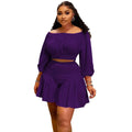 CM.YAYA Plus Size Women's Set Long Sleeve Slash Neck T-Shirt and Shorts 2025 Summer Ruched Two 2 Piece Set Outfits Tracksuit - Lady T Fashions
