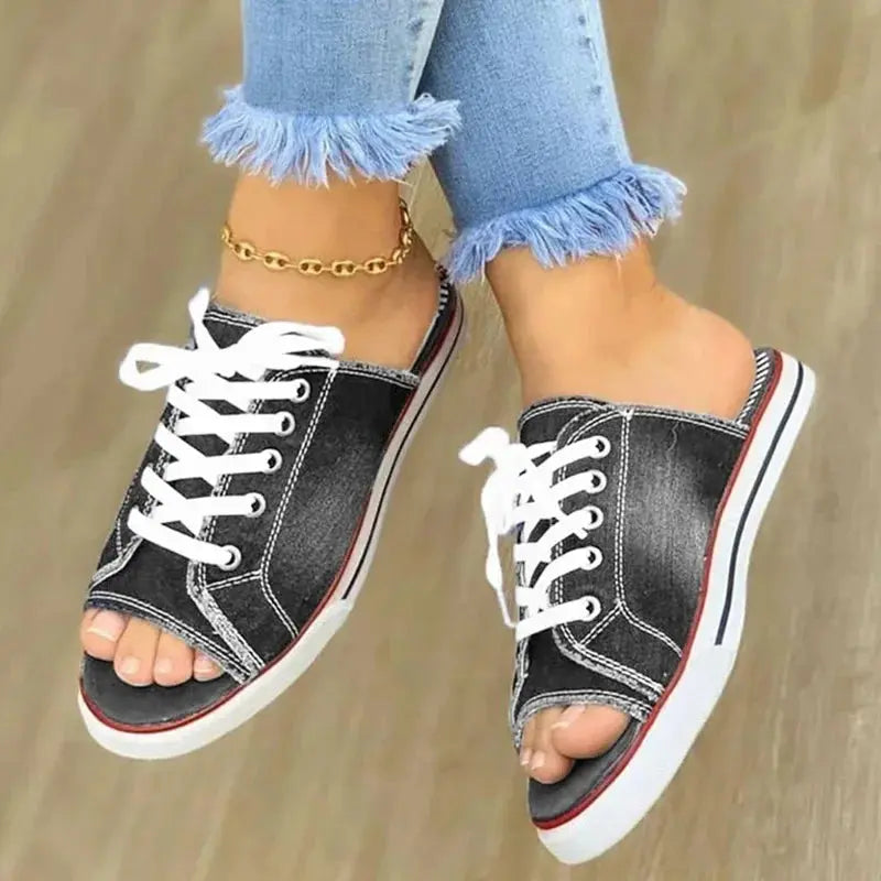 Women Canvas Flat Slipper Lace Up Peep Toe Casual Shoe Female Fashion Denim Beach Shoes - Lady T Fashions