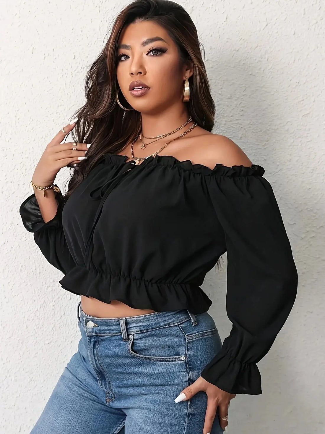 Plus Size Elegant Shoulderless Shirt for Women European and American Style Casual Curve Clothing Vacation Solid Long Sleeve Tops - Lady T Fashions